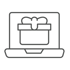 Fototapete - Laptop screen with gift box thin line icon, merry christmas concept. Vector graphics. Notebook computer and present package sign on white background, linear style icon for mobile or web design.