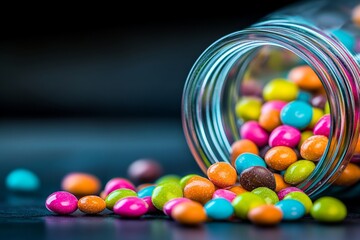 Poster - Jar of colorful candies is spread out on a table. The candies are of various colors and sizes, creating a vibrant and playful atmosphere. The jar is almost empty, with only a few candies left inside