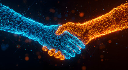 Poster - Abstract Digital Handshake in Blue and Orange Glowing Dots on Dark Background Signifying Technology Partnership