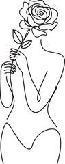 Wall Mural - woman from behind holding a rose in simple black and white line drawing with minimalist feminine for