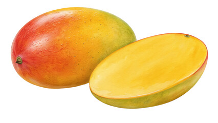 Poster - ripe mango with vibrant yellow orange skin and slight color gradient is shown, alongside juicy, sliced half revealing its smooth, golden flesh