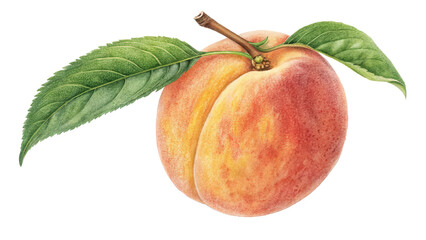 Poster - ripe peach with fuzzy surface and vibrant green leaves is depicted, showcasing its natural beauty and freshness. peach stem is intact, adding to its realistic appearance