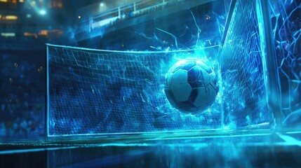 close up of a soccer ball on the green grass field in the center of the stadium illuminated by the headlights