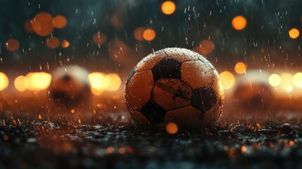 Wall Mural - close up of a soccer ball on the green grass field in the center of the stadium illuminated by the h