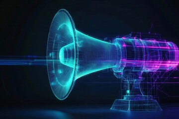 Fototapete - A digital rendering of a vintage megaphone emitting sound waves, highlighted in vibrant blue and purple hues against a dark background.