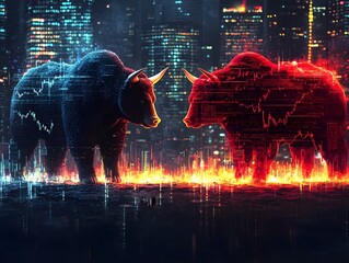 Poster - bull and bear clash in a digital market landscape