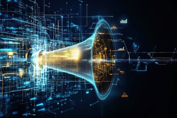 Poster - A digital representation of a speaker emitting sound waves, surrounded by vibrant data streams and futuristic graphics, symbolizing technology and communication.