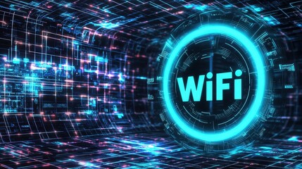 Poster - A vibrant digital depiction of a WiFi symbol surrounded by intricate blue and purple circuitry, illustrating connectivity and technology.