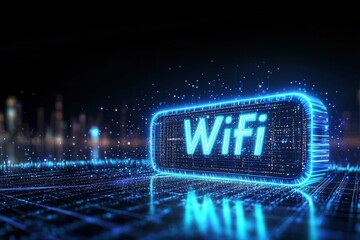 Poster - A glowing blue WiFi symbol against a digital backdrop, representing connectivity and technology.