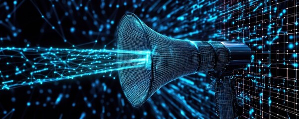 Poster - A digital representation of a speaker emitting blue sound waves against a dark background, symbolizing communication and technology.