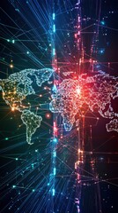 Poster - A digital world map with vibrant light trails, representing connectivity and technology in a modern, abstract style.
