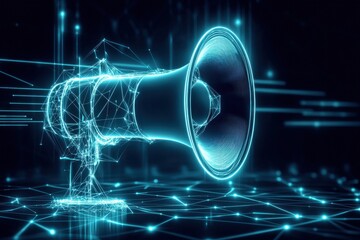 Poster - A futuristic digital speaker emitting sound waves, depicted through glowing lines and a network of geometric shapes.