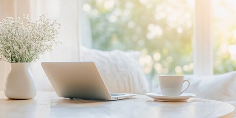Close-up of hands typing on a laptop in a cozy home setting, with warm sunlight streaming through the window and a vase of dried flowers on the table, creating a peaceful workspace vibe..