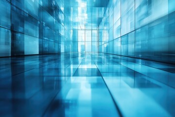 Poster - A modern blue glass corridor with reflective surfaces in a futuristic building