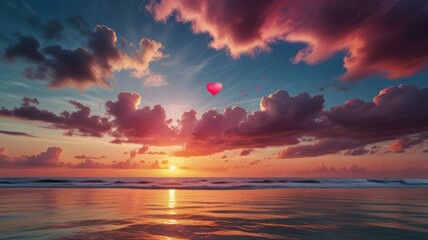 Wall Mural - Romantic landscape with pink heart in cloudy sky over sea.
