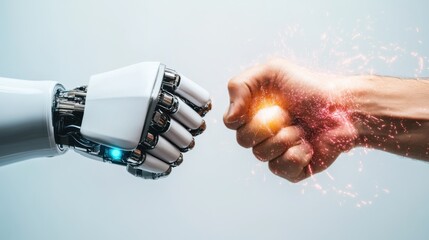 Poster - Human and robot fist bump symbolizes cooperation and advancement in technology and artificial intelligence