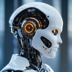 Poster - Innovative humanoid robot with sleek design and intricate details showcases advanced technology in a modern setting