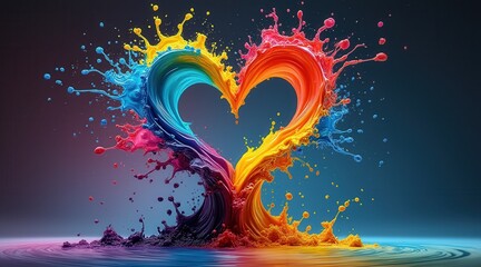 Fototapete - A vibrant heart shape formed by colorful paint splashes against a dark background, symbolizing love and creativity.