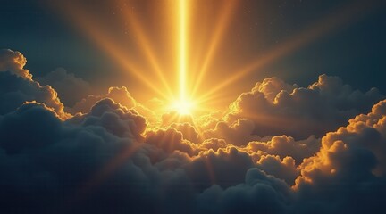 Poster - A stunning sunrise breaks through clouds, illuminating the sky with golden rays, creating a serene and uplifting atmosphere.
