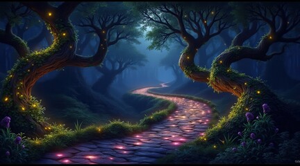 Poster - A mystical pathway through enchanting trees, illuminated by soft lights, creating a serene and magical atmosphere in the forest.