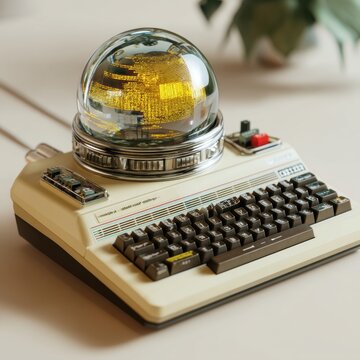 Retro-future computer with a spherical glass display over the keyboard, amber text projected within sphere