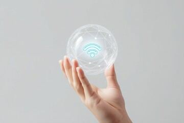 Canvas Print - hand holding a digital sphere with a glowing wifi icon on a light gray backdrop
