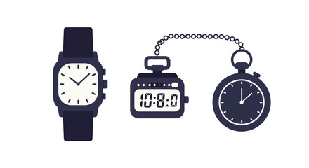 Poster - Three different timekeeping devices including wristwatch digital stopwatch and pocket watch flat minimal vector illustration
