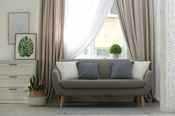 Poster - Beautiful curtains on window in stylish living room interior