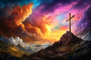 Poster - highly detailed religion and culture advertisement, branded style, bold tone, website banner, dynamic angles, moody lighting, vibrant colors, calm mood, landscape, blurry background