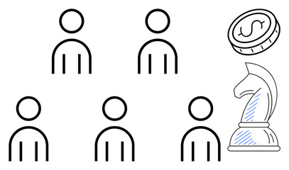 Five minimal human figures with a knight and coin symbolizing teamwork, strategy, leadership, finance, planning, and decision-making. Ideal for business, collaboration, finance strategy leadership