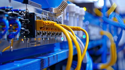 Poster - Cables are being managed and connected in a technology hub, showcasing intricate wiring and networking equipment in action