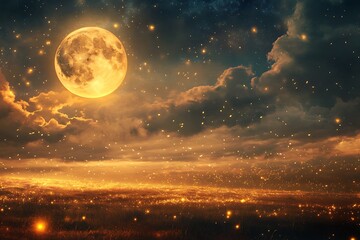 moonlit fantasy landscape with golden clouds and bright horizon