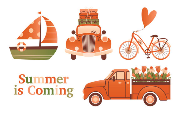 Set of different transport. Collection of vector isolated illustration. Flat Design. Clip arts with pickup truck full of summer flowers, bicycle, vintage red car, ship, text 