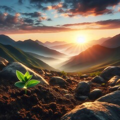 Wall Mural - Sunrise over mountains. Green seedling grows from earth between rocks. New plant life, ecology. 
