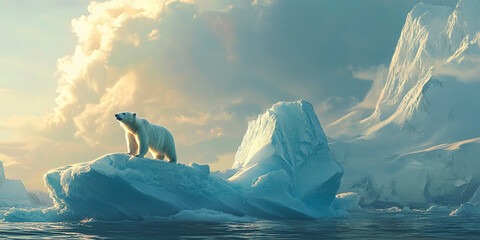 polar bear standing on melting iceberg in open ocean