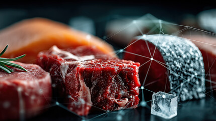 Aufkleber - variety of fresh meat cuts, including beef and fish, are displayed with digital network overlay, symbolizing AI optimization in meat supply chain. scene is vibrant and futuristic