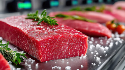 Poster - Fresh raw meat on metal tray is garnished with rosemary and coarse salt, creating appetizing display. vibrant red color and marbling suggest high quality