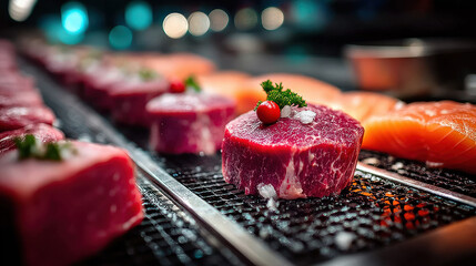 Poster - Fresh cuts of raw meat and fish are displayed on grill, garnished with herbs and berries, under bright lights in market setting. vibrant colors and textures create appetizing and inviting scene