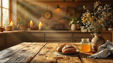 Poster - A rustic wooden table set for breakfast with bread, jam, honey, and flowers in a vase.