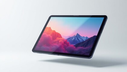 Floating tablet on white backdrop, sleek design, wireless, white