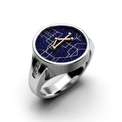 Aufkleber - Elegant Silver Ring with Gold Constellation Detail and Navy Stardust Inlay - Modern Jewelry Design