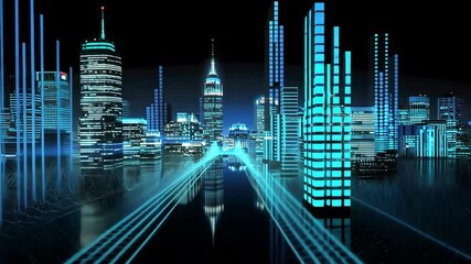 Poster - Futuristic skyline showcases glowing blue lights and wave patterns, highlighting city life and technology at night