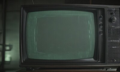 Wall Mural - Close-up of vintage CRT TV screen displaying static  Greenish glow, visible scan lines , artifact, tv
