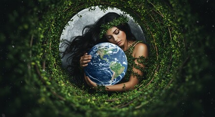 woman embracing earth, a symbol of environmental harmony