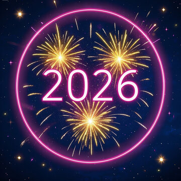 Neon pink circular frame and glowing 2026 numbers with vibrant golden fireworks, starry night sky background, festive New Year celebration, digital art, bright colors, 