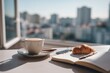 © AndiAzis - Enjoy Morning Coffee with Croissant, Notebook, and Pen by Window with City View