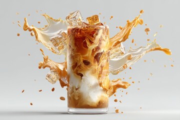 Poster - A refreshing iced coffee beverage with splashes of milk and ice cubes floating around, creating a dynamic and visually appealing composition on light background.