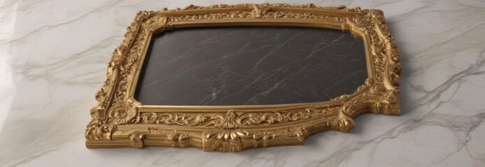 Wall Mural - Intricate golden frame with deep engravings, rests on polished marble,  classic,  decorative