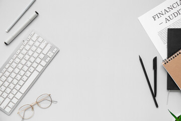 Poster - Composition with computer keyboard, stationery and financial documents on grey background