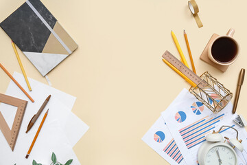 Poster - Composition with different stationery, financial documents and cup of coffee on color background